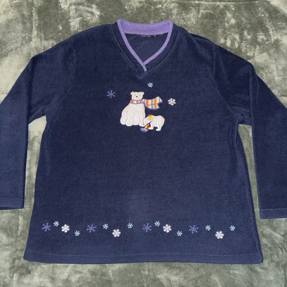 VTG Croft & Barrow V Neck Large Navy Polar‎ Bear Winter Christmas Sweatshirt